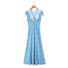 Lace Trim Blue Floral Print Elegant Summer Long Dresses