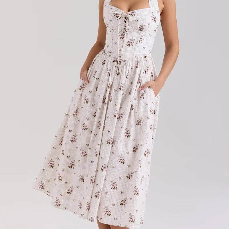 Sexy Backless Floral Print Halter Elegant Dresses