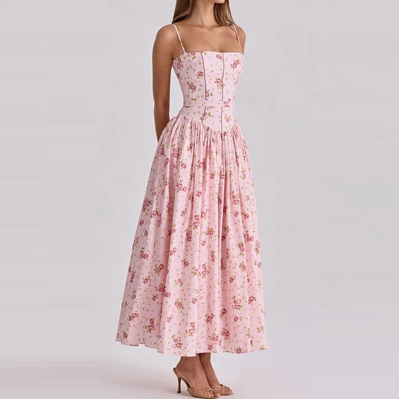 Sexy Backless High Waist Long Dresses Floral Print Camisole Summer Dresses