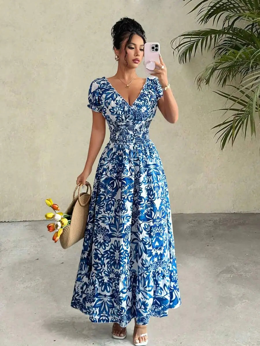 Elegant Charming Long Dress, Lightweight Woven Floral Puff Sleeve Open Back Shirred Waist Slim Dresses