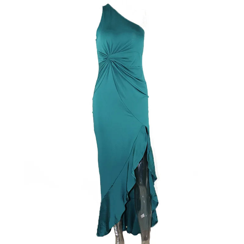 Temperament Slant Neck Sleeveless Ruffle Edge Slit Dresses
