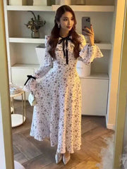 Sweet Printed Bandage Long Sleeved Slim Fit Midi Dresses