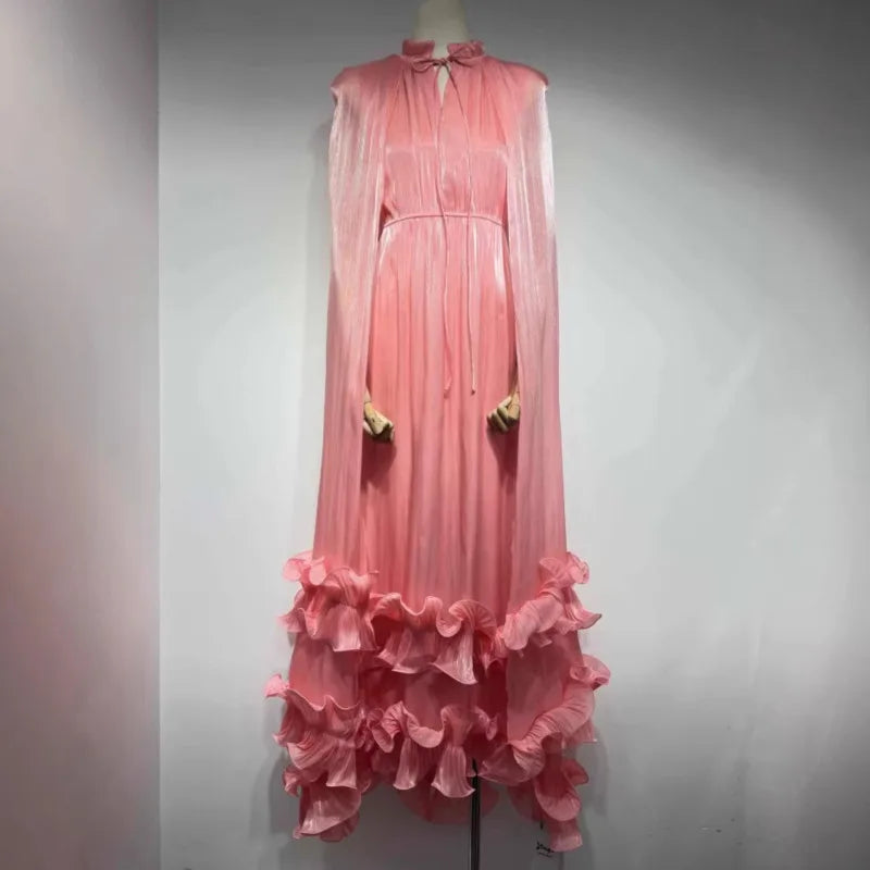 French Style V-neck Fungus Edge Double-layer Hem Long Dresses For Autumn Ladies Party Evening Clothing