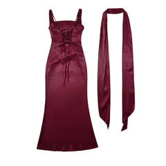 Wine Red Satin Sling Maxi Dresses