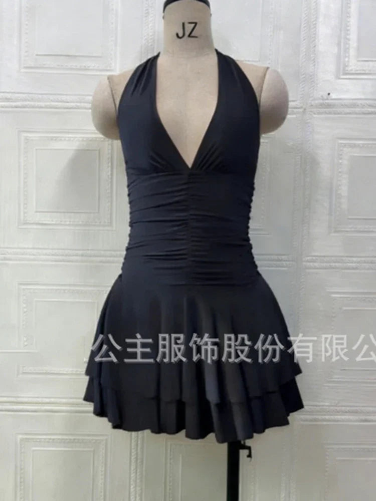 Summer Deep V Sexy Halter Neck Backless Pleated Hem Mini Slim Dresses For Women