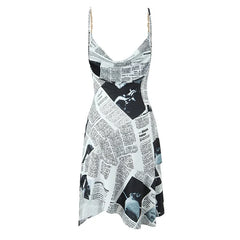 Newspaper Letter Print Irregular Hem Sling Dresses Backless Thin Straps With Chain Summer Sexy Dress