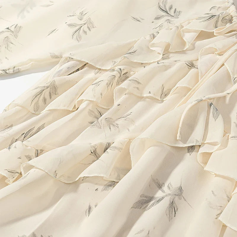 Floral Print Ruffle Trim Long Sleeve Maxi Dresses