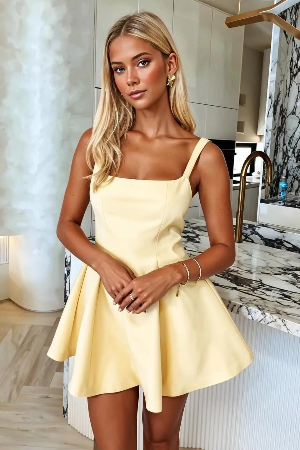 Fashionable Minimalist Square Neck Sleeveless Waist Cinched A-line Mini Dresses