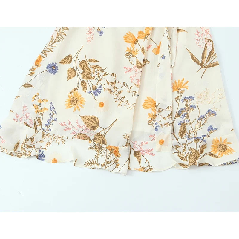 French Floral Print Cross V Neck Wrap Dresses