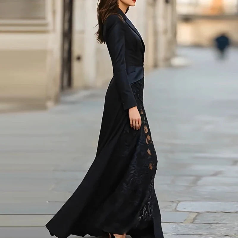 Lace Patchwork Slim Fit Party Suit Elegant Solid Formal Occasion Outfit Autumn Lapel Button Top and Skirt Two Piece Set