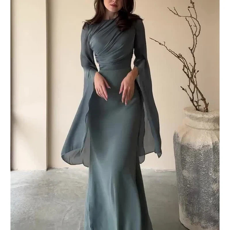 Elegant Batwing Sleeves High Waist Pleats Long Dresses