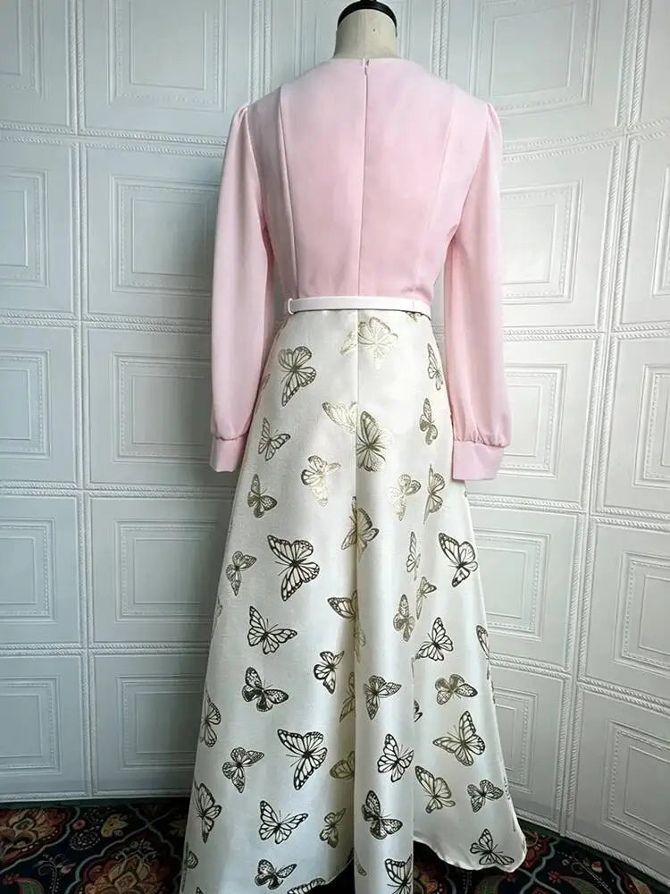 Autumn Style Printed Long Sleeve Waist Splicing Dresses