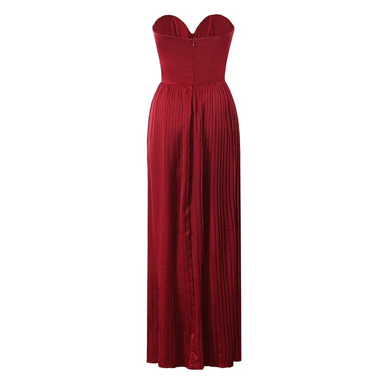 Sexy Elegant Wine Red Pleated Strapless Dresses Fit And Flare Long Evening Party Dresses