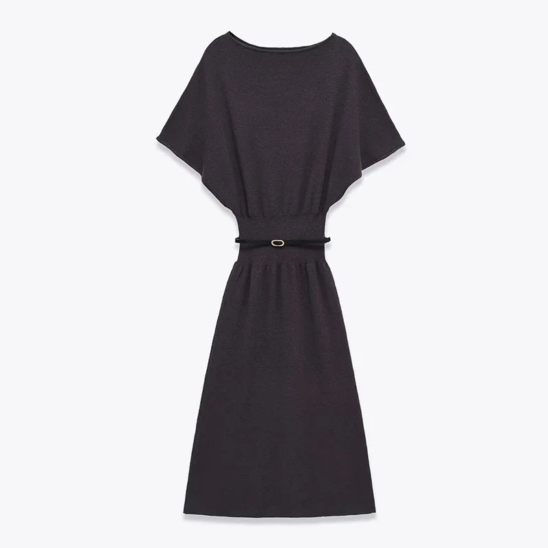 Dark Gray With Belt Knit Long Dresses For Short Sleeve Elastic Waist Elegant Casual Dresses