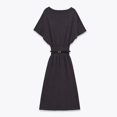 Dark Gray With Belt Knit Long Dresses For Short Sleeve Elastic Waist Elegant Casual Dresses