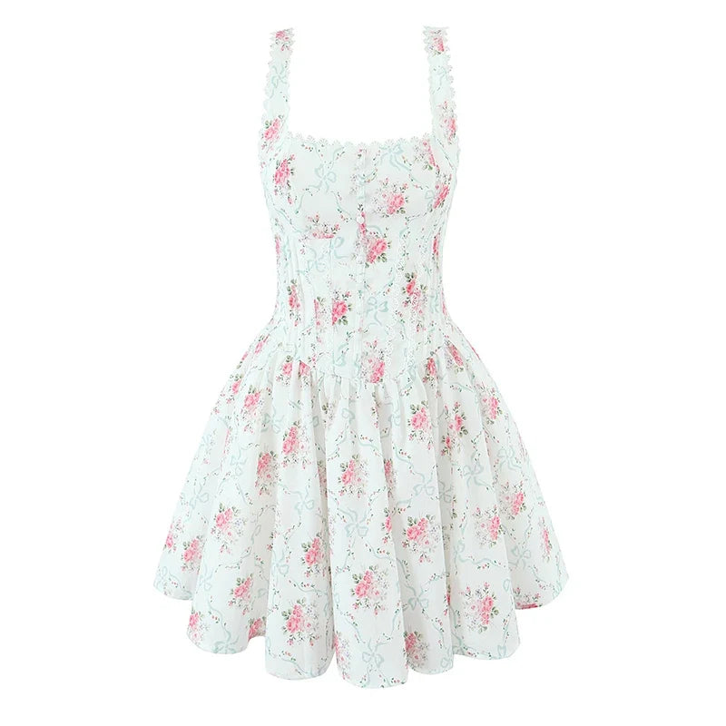 Lace Spliced Rose Floral Print Mini Dresses