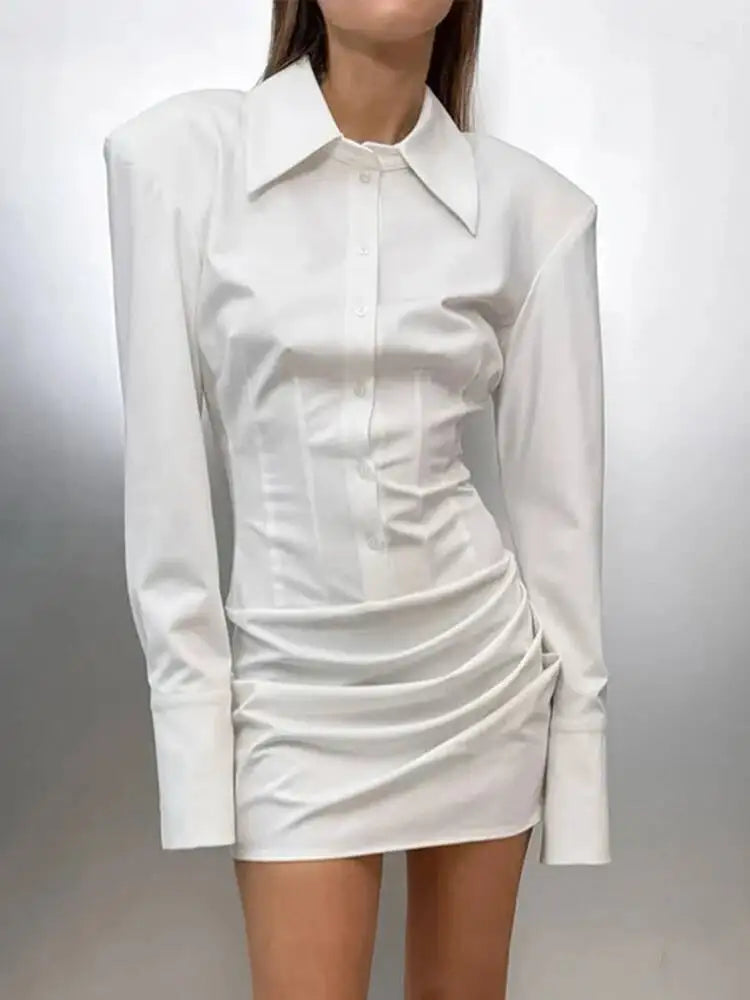 Fashionable Lapel Long Sleeved Pleated Waist Dresses