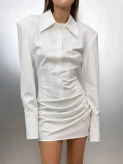 Fashionable Lapel Long Sleeved Pleated Waist Dresses