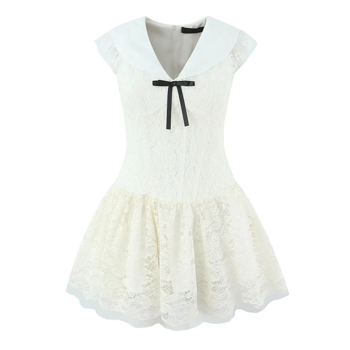 French Sweet Lace Mesh V Neck Bow Slim Mini Dresses
