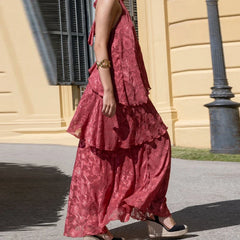 Vintage Sleeveless Hollow Out Halter Printed Dresses Summer High Waist Ruffles Cake Long Dresses