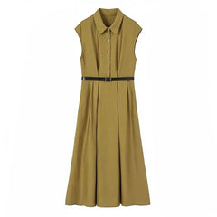 Sleeveless With Belt Long Shirt Dresses Lapel Collar A-line Elegant Office Vestidos