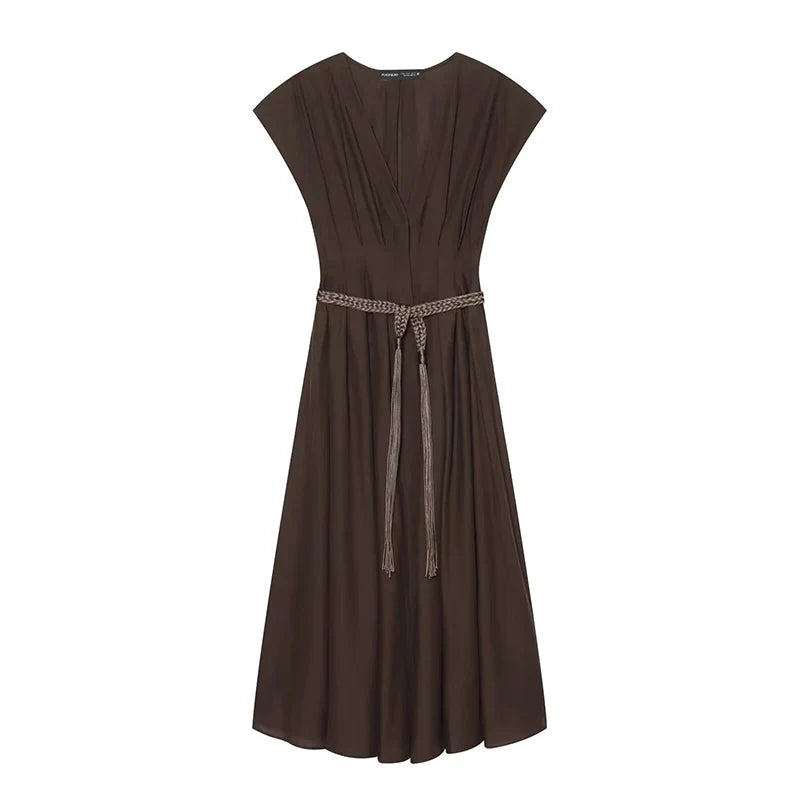 Short Sleeve V Neck With Belt Midi Dresses