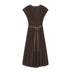 Short Sleeve V Neck With Belt Midi Dresses