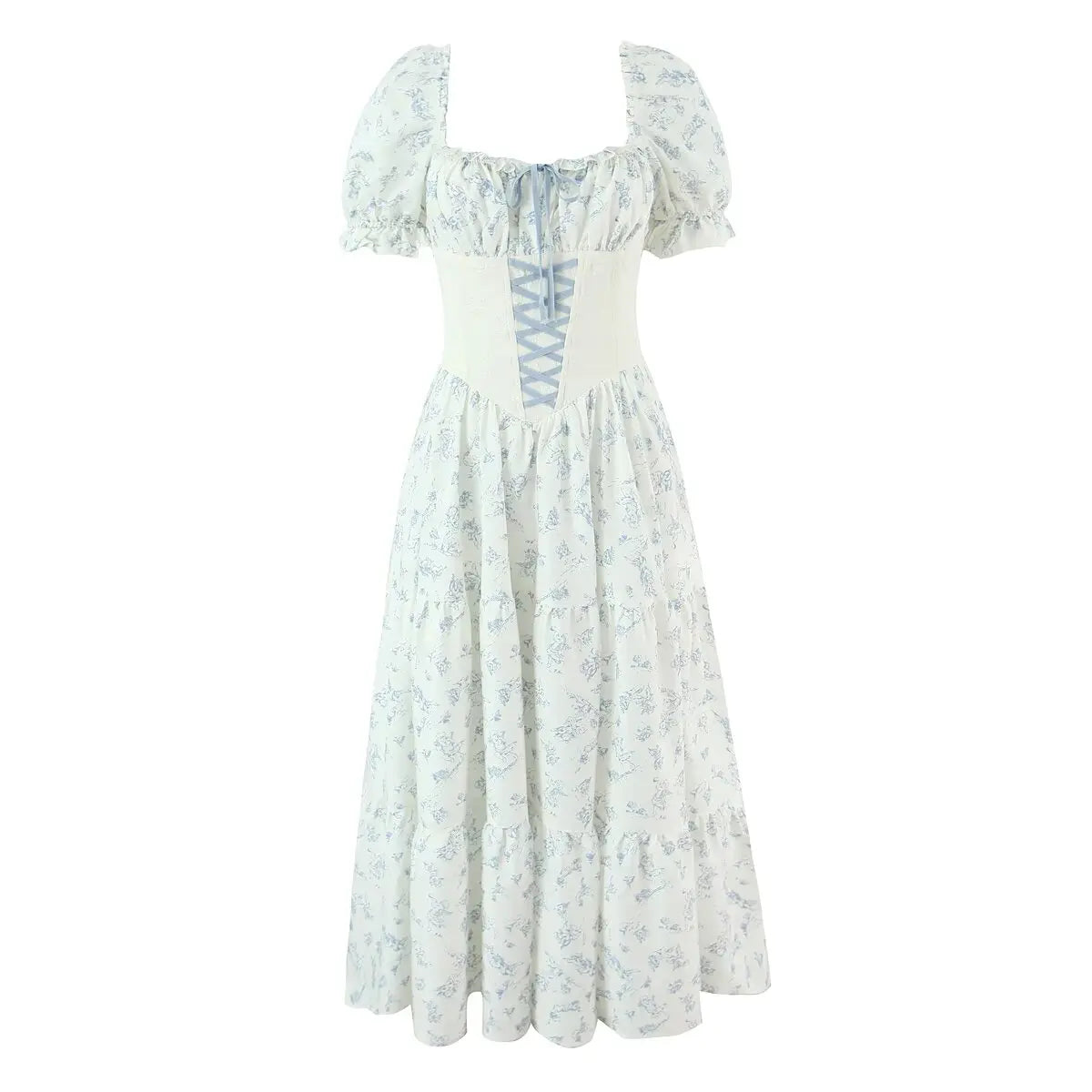 French Sweet Princess Floral Print Vacation Party Dresses Front Lace Up Puff Sleeve A-line Midi Summer Dress