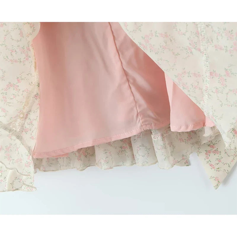 Summer Elegant Lace Spliced Floral Print Dresses Vintage Puff Sleeve Bow Sashes A-line Mini Dresses