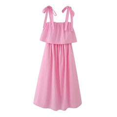 Pink Bow Tie Strap Tiered Midi Dresses