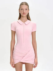 Simple Polo Collar Short Sleeved Slim Fit Hip Hugging Jumpsuit Clothing Summer 19DB1986