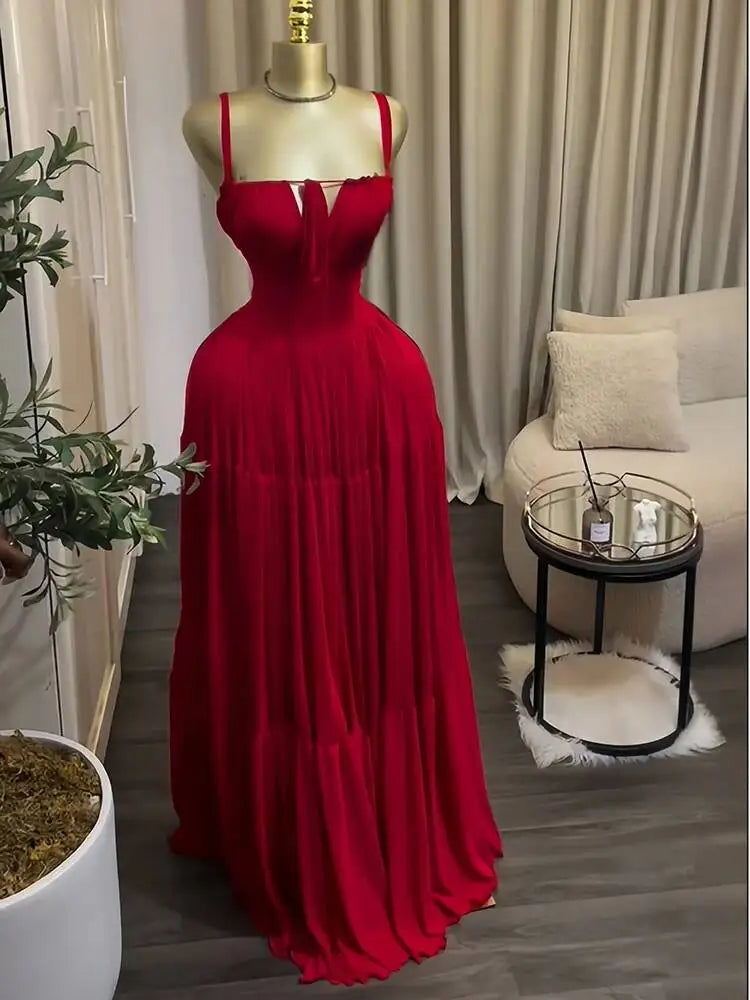 Elegant Sleeveless Lace Up Pleated Waist Dresses
