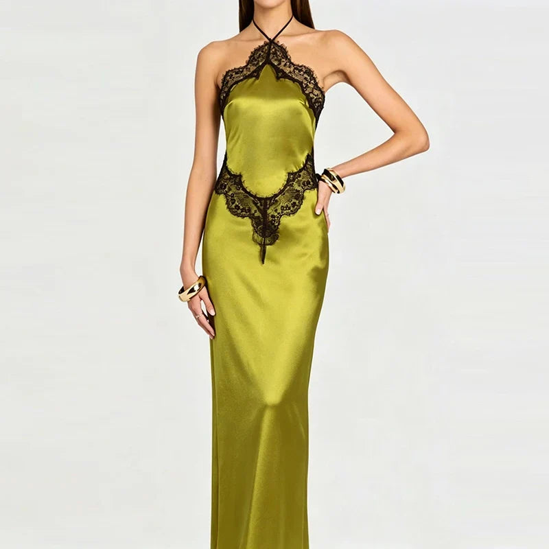 Elegant Halter Holiday Dresses Sexy Lace Patchwork Sleeveless Camisole Long Dresses