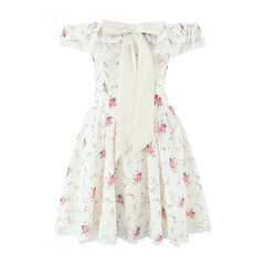 Summer Floral Print Bow Sexy Off Shoulder Dresses Short Sleeve Low Waist Elegant A-line Party Mini Dress