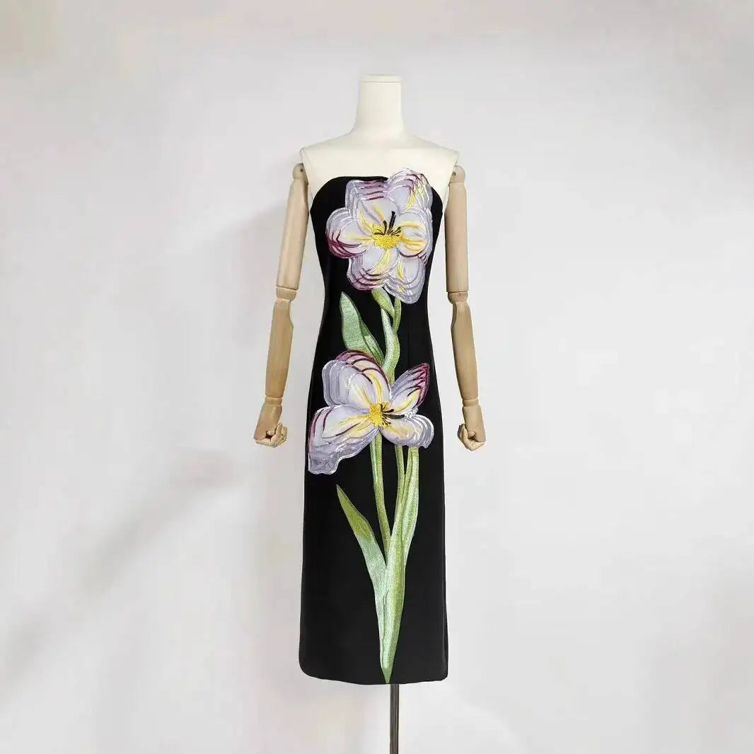Summer Chest Wrapping Slim High Waist Pullover Long Dress,printed Flower spliced patchwork Straight Dresses