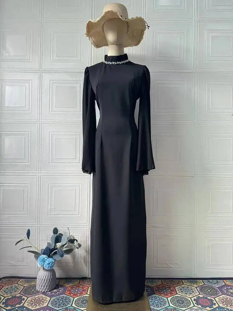 Temperament Half High Collar Bat Sleeve Diamond Gauze Splicing Dresses