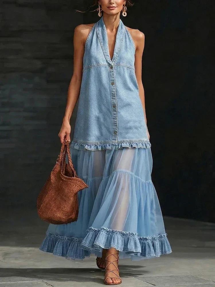 Vintage Denim V-neck Pleated Maxi Dresses