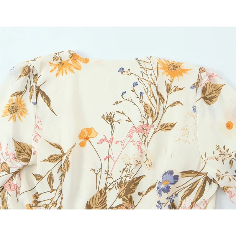 French Floral Print Cross V Neck Wrap Dresses