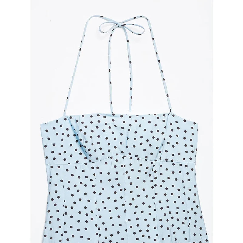 Light Blue Polka Dot Halter Midi Dresses