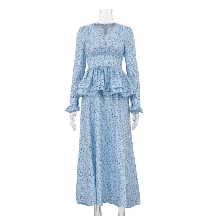 Fashionable V-neck Long Sleeved Waist Cinched Ruffle A-line Dresses