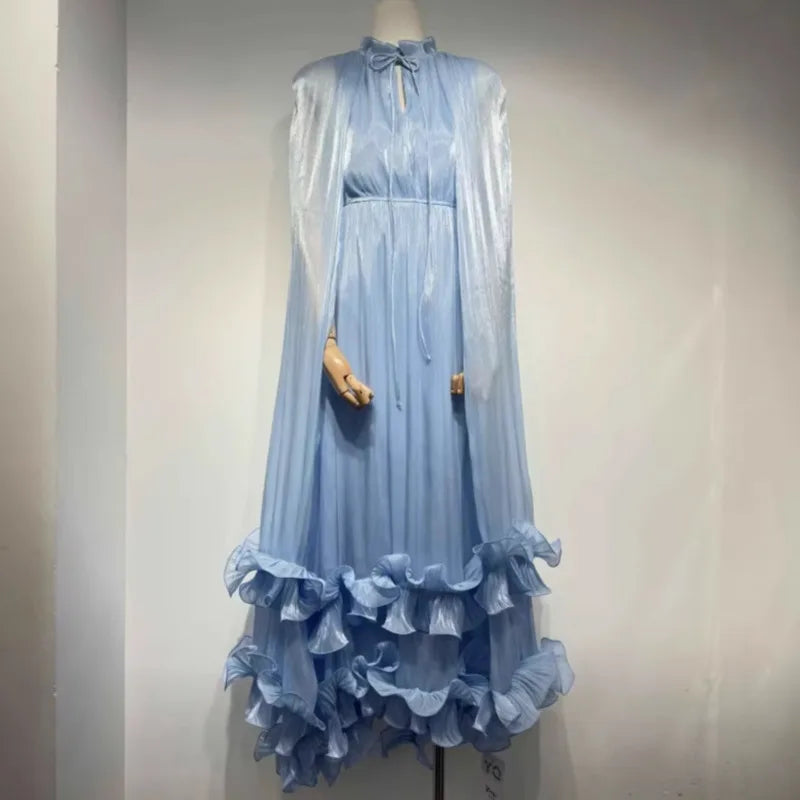 French Style V-neck Fungus Edge Double-layer Hem Long Dresses For Autumn Ladies Party Evening Clothing