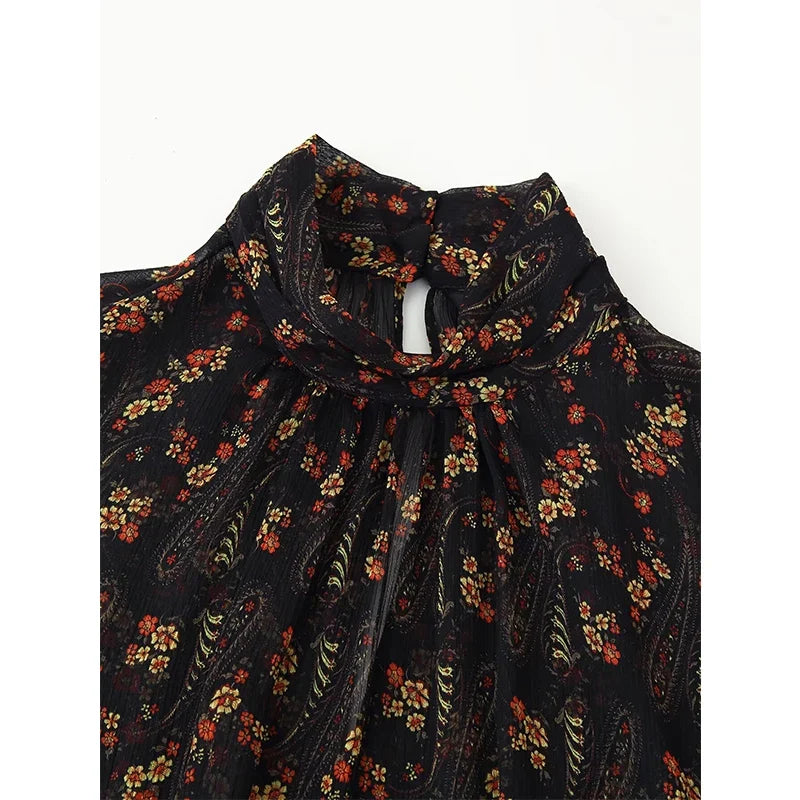 Spring Autumn Long Sleeve High Neck Floral Print Mini Dresses Female Vestidos