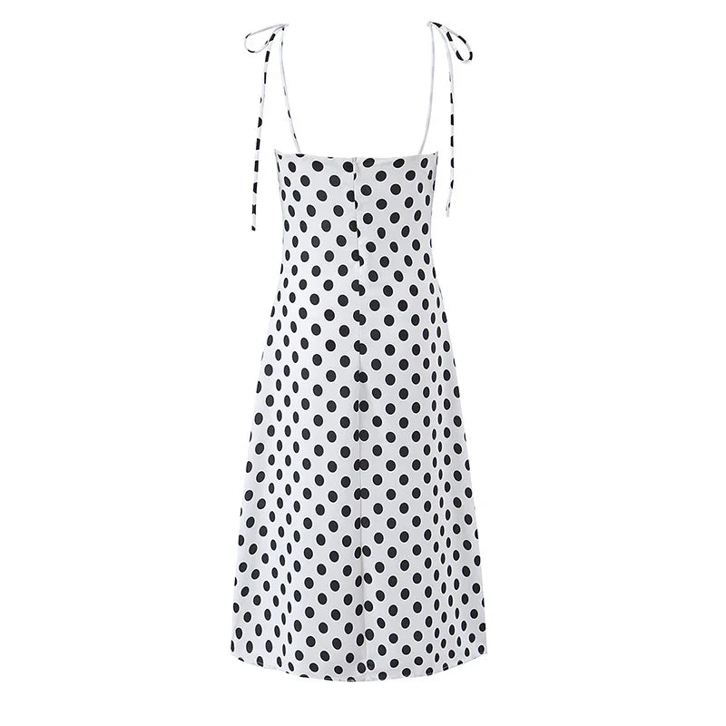French Vacation Style Versatile White Polka Dot Spaghetti Tie Strap A-line Midi Dresses