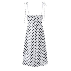 French Vacation Style Versatile White Polka Dot Spaghetti Tie Strap A-line Midi Dresses