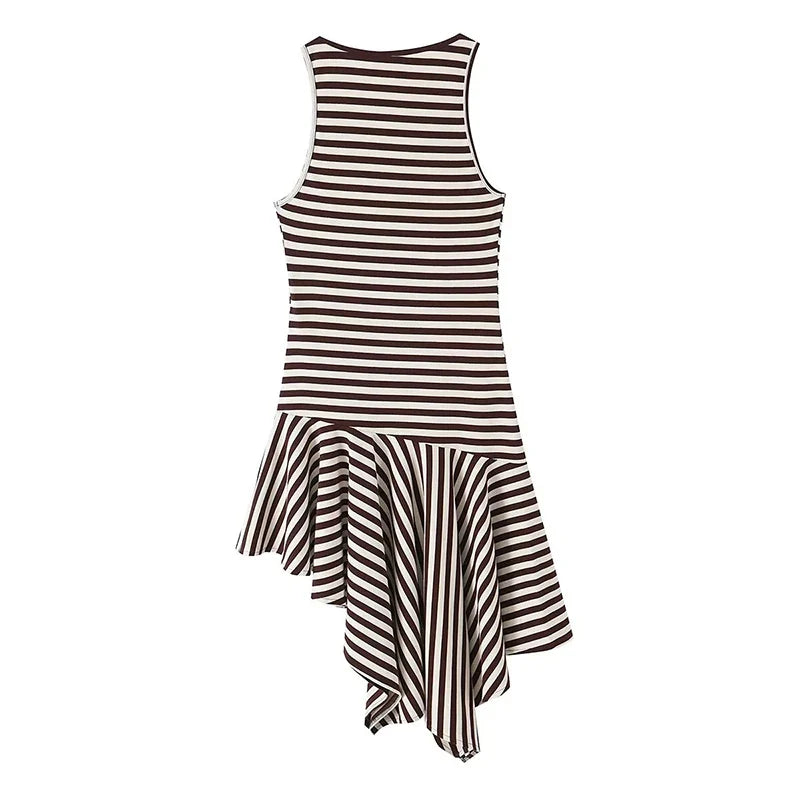 Round Neck Sleeveless Striped Asymmetric Midi Knit Dresses