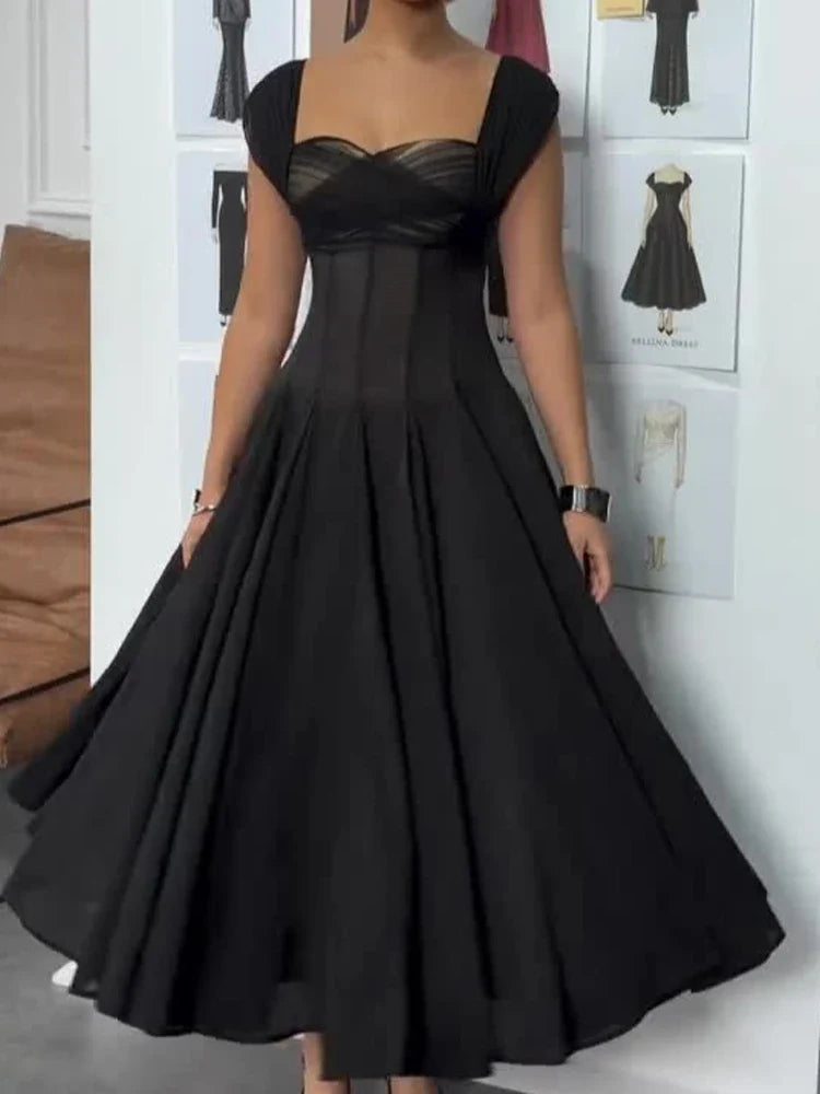 Mesh Hollow Out Pleated Evening Dresses