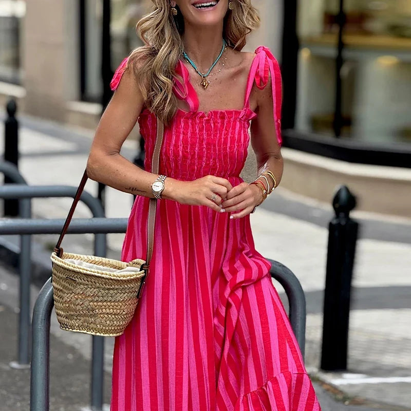 Striped Printed Camisole Bohemian Dress, High Street Pleated Backless Long Dress, Sexy Off Shoulder Beach Dress