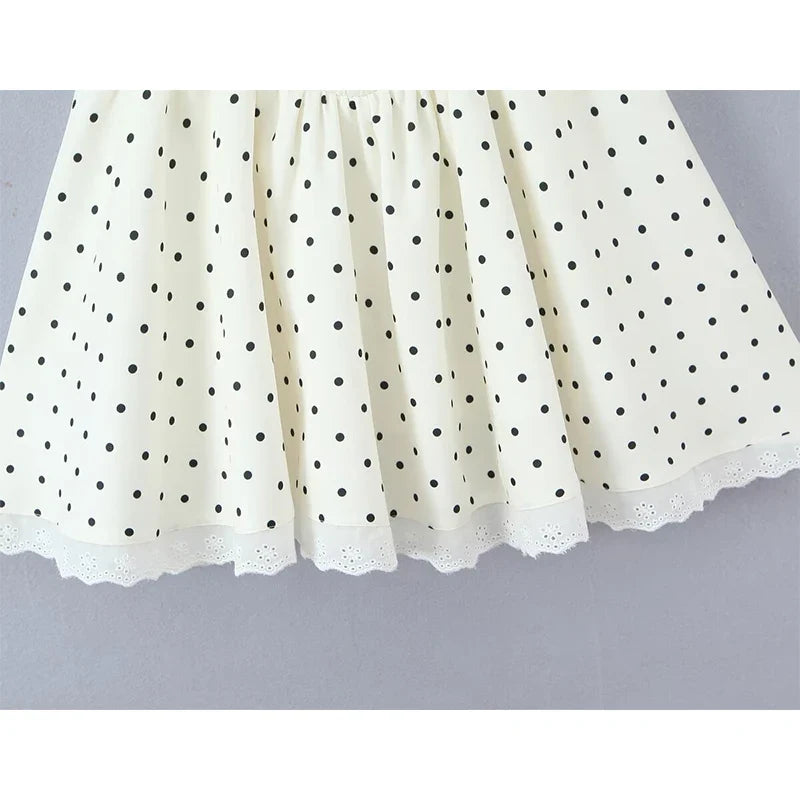 Sexy Sweet Girls Lace Trim Polka Dot Sling Mini Dresses Summer Low Waist A-line Vacation Party Dress
