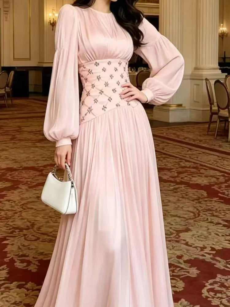 Elegant Satin Round Neck Lantern Sleeve Studded Diamond Waist Dresses