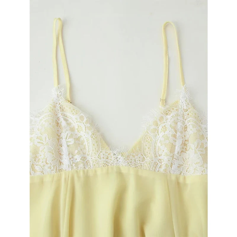 Sexy Spaghetti Straps Lace Trim Yellow Short Dresses V Neck A-line Beach Holiday Summer Vestidos